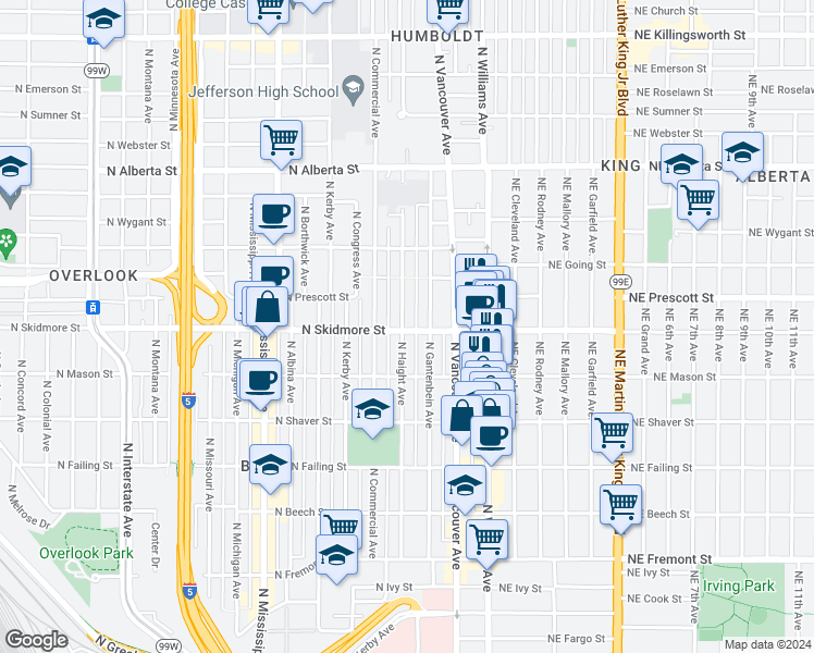 map of restaurants, bars, coffee shops, grocery stores, and more near 4328 North Haight Avenue in Portland