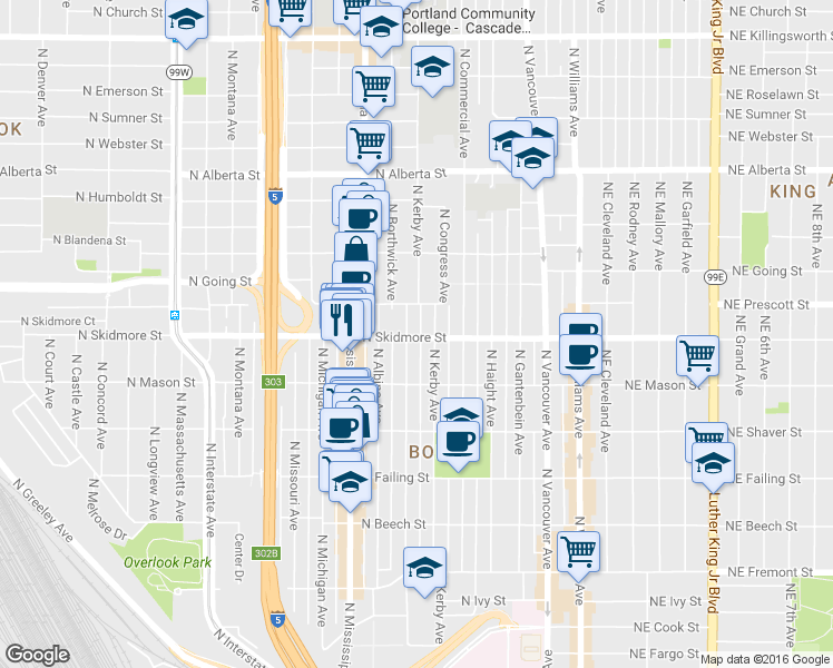 map of restaurants, bars, coffee shops, grocery stores, and more near 4322 North Borthwick Avenue in Portland