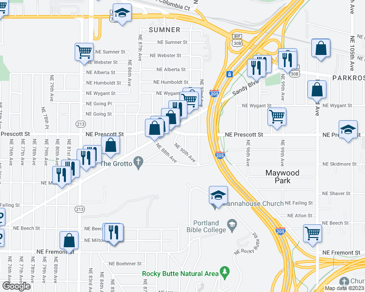 map of restaurants, bars, coffee shops, grocery stores, and more near 4427 Northeast 91st Avenue in Portland