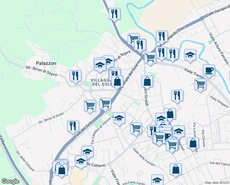 map of restaurants, bars, coffee shops, grocery stores, and more near 33 Via Brigata Granatieri di Sardegna in Vicenza