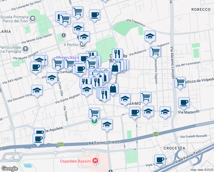 map of restaurants, bars, coffee shops, grocery stores, and more near 26 Via Giosuè Carducci in Cinisello Balsamo