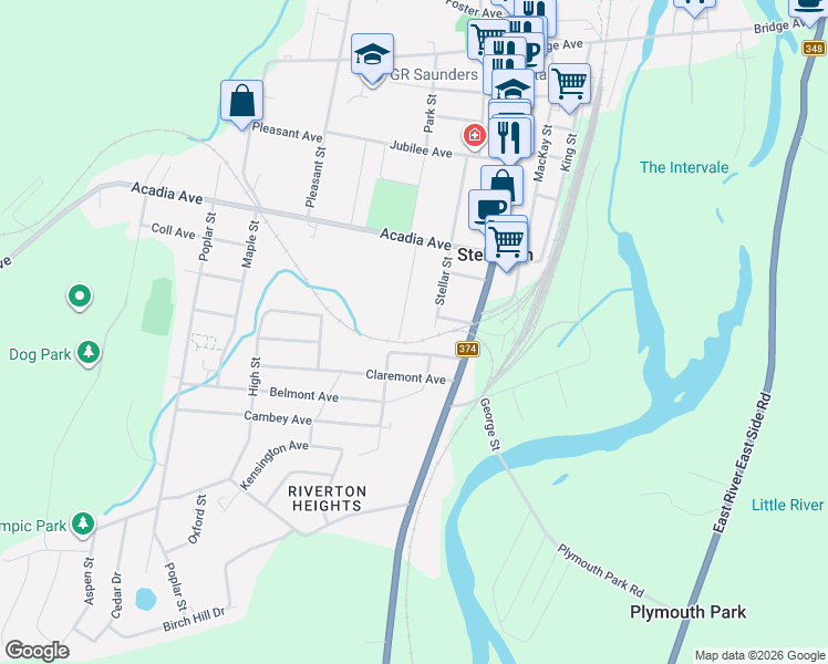 map of restaurants, bars, coffee shops, grocery stores, and more near 134 Stellar Street in Stellarton