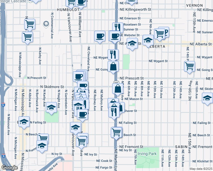 map of restaurants, bars, coffee shops, grocery stores, and more near 4329 Northeast Garfield Avenue in Portland
