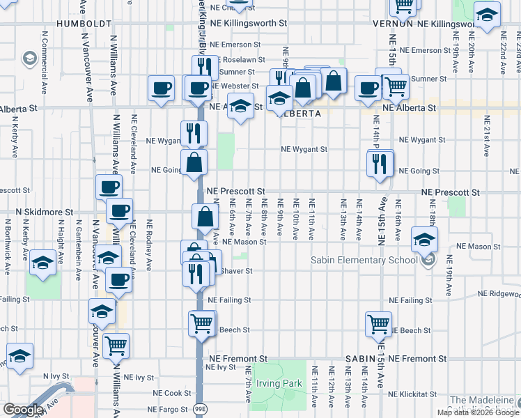 map of restaurants, bars, coffee shops, grocery stores, and more near 4407 Northeast 8th Avenue in Portland