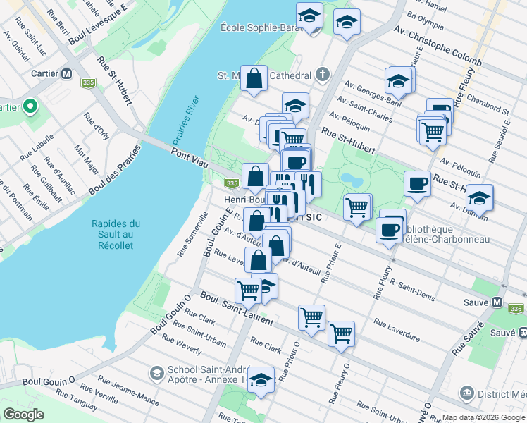 map of restaurants, bars, coffee shops, grocery stores, and more near 10768 Rue Berri in Montréal