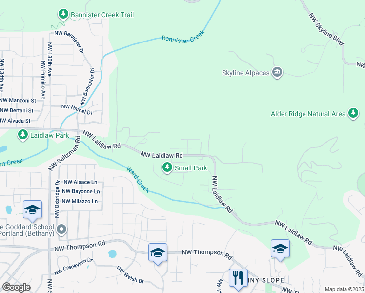 map of restaurants, bars, coffee shops, grocery stores, and more near 11863 Northwest Thelin Lane in Portland