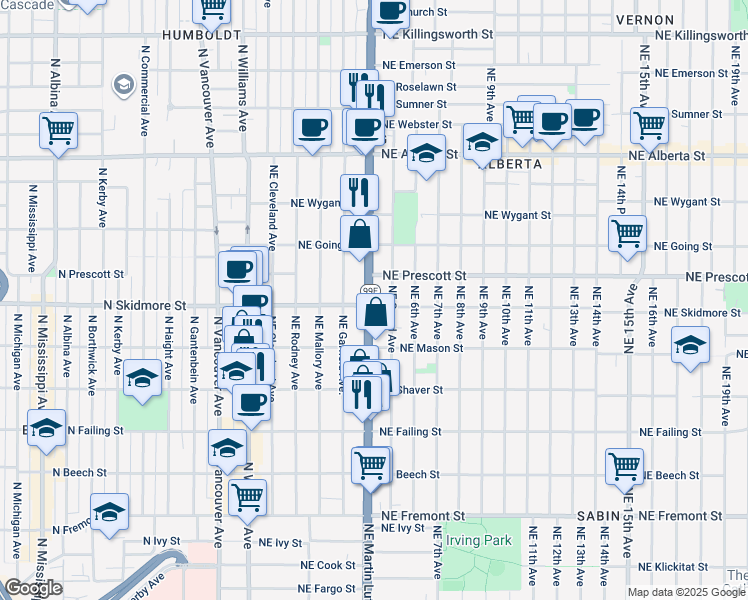 map of restaurants, bars, coffee shops, grocery stores, and more near 4310 Northeast Martin Luther King Junior Boulevard in Portland