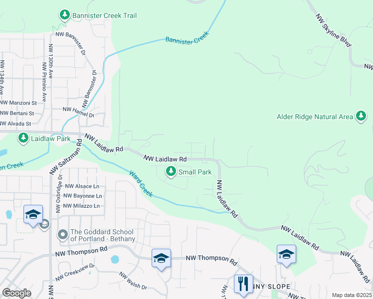 map of restaurants, bars, coffee shops, grocery stores, and more near 11863 Northwest Thelin Lane in Portland