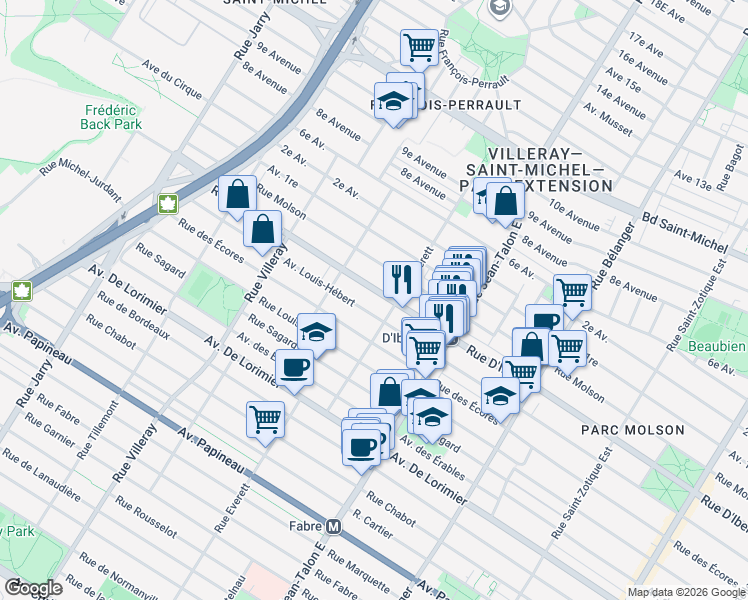 map of restaurants, bars, coffee shops, grocery stores, and more near 7366 Rue D'Iberville in Montréal