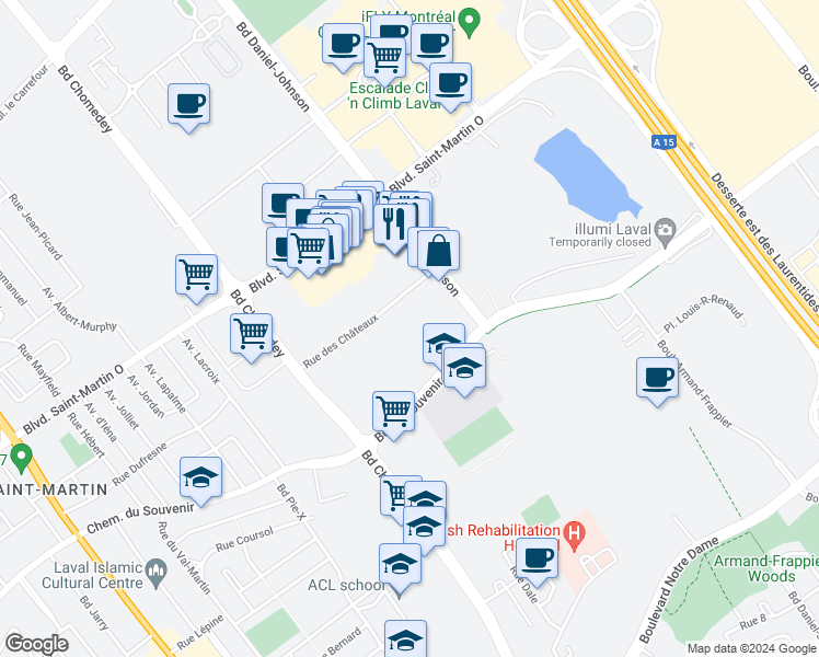 map of restaurants, bars, coffee shops, grocery stores, and more near 3260 Rue des Châteaux in Laval