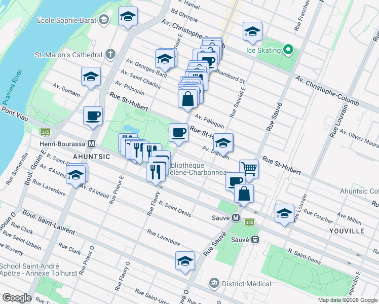 map of restaurants, bars, coffee shops, grocery stores, and more near 10207 Avenue Millen in Montréal