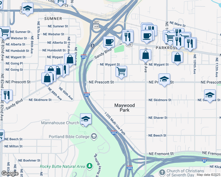 map of restaurants, bars, coffee shops, grocery stores, and more near 9608 Northeast Prescott Street in Portland