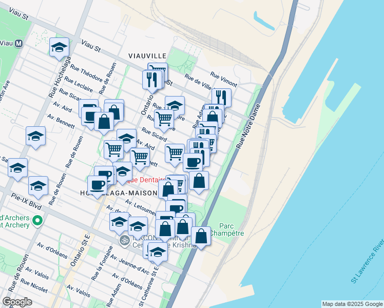 map of restaurants, bars, coffee shops, grocery stores, and more near 1456 Rue Sicard in Montreal