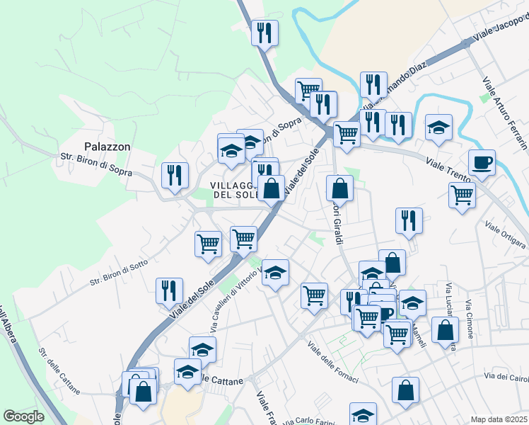 map of restaurants, bars, coffee shops, grocery stores, and more near 33 Via Brigata Granatieri di Sardegna in Vicenza