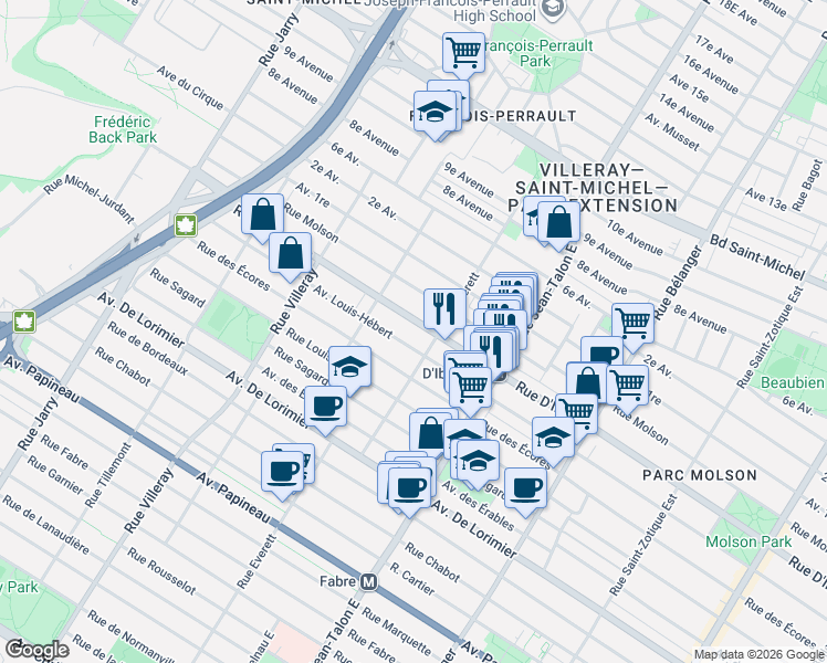 map of restaurants, bars, coffee shops, grocery stores, and more near 7366 Rue D'Iberville in Montréal