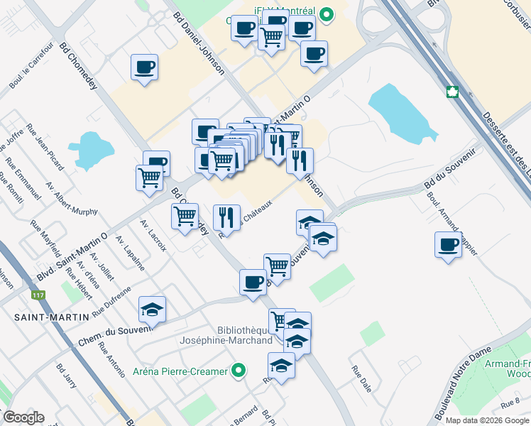 map of restaurants, bars, coffee shops, grocery stores, and more near in Laval
