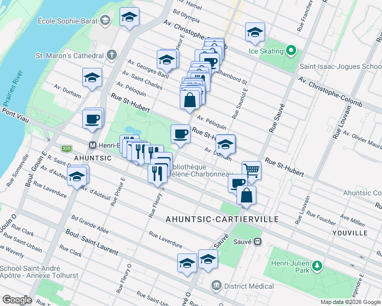 map of restaurants, bars, coffee shops, grocery stores, and more near 10207 Avenue Millen in Montréal