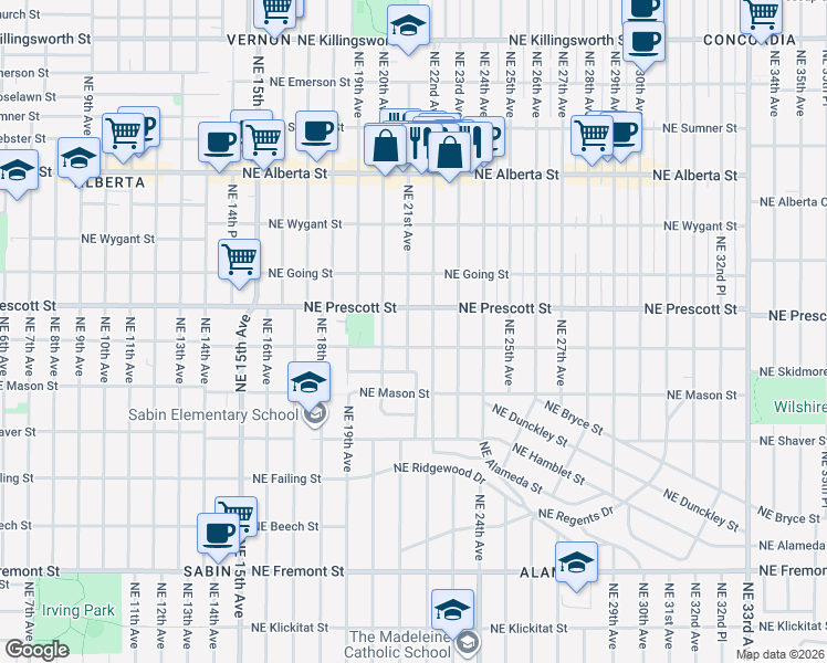 map of restaurants, bars, coffee shops, grocery stores, and more near 4324 Northeast 21st Avenue in Portland
