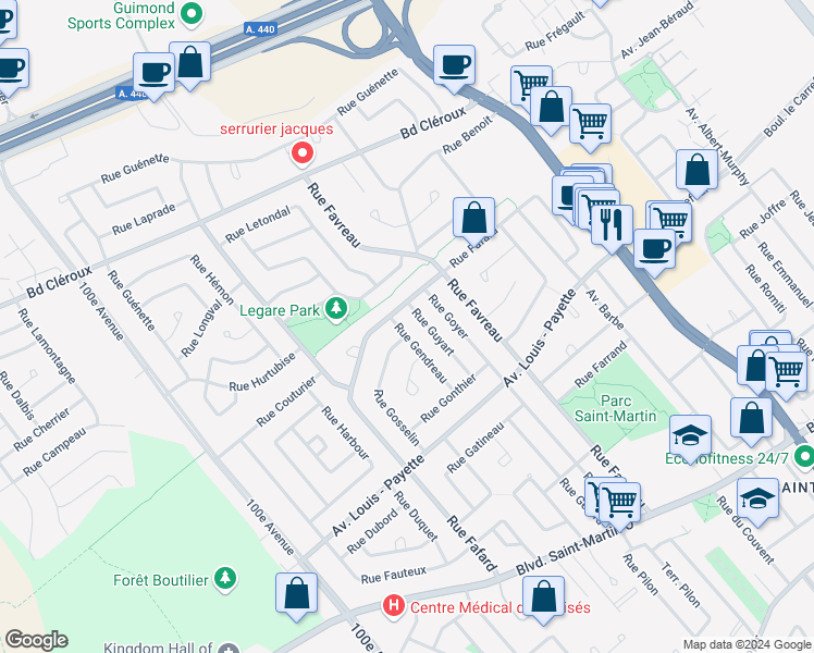 map of restaurants, bars, coffee shops, grocery stores, and more near 2147 Rue Gendreau in Laval