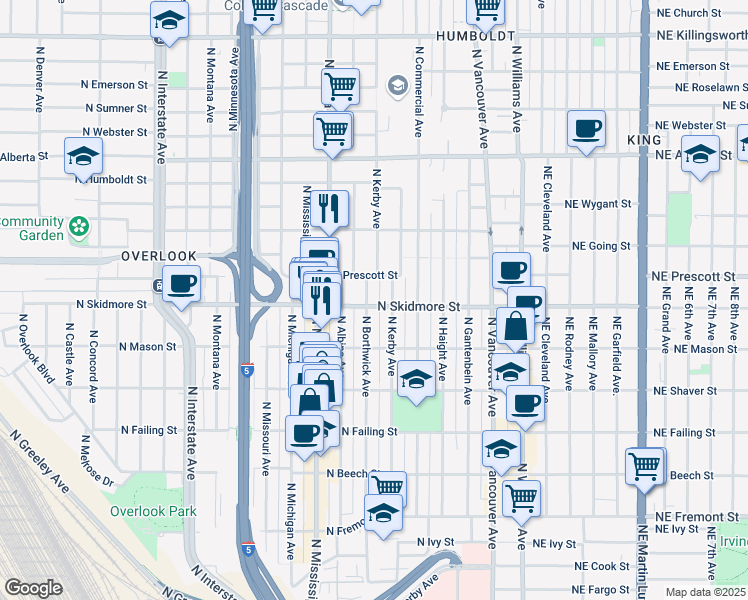 map of restaurants, bars, coffee shops, grocery stores, and more near 4322 North Borthwick Avenue in Portland