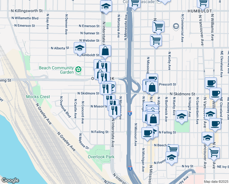 map of restaurants, bars, coffee shops, grocery stores, and more near 4310 North Maryland Avenue in Portland