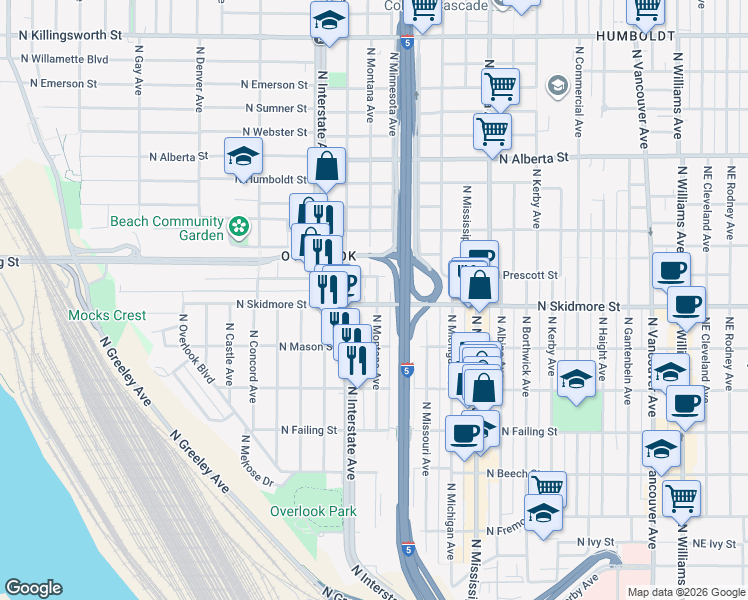 map of restaurants, bars, coffee shops, grocery stores, and more near 4412 North Maryland Avenue in Portland