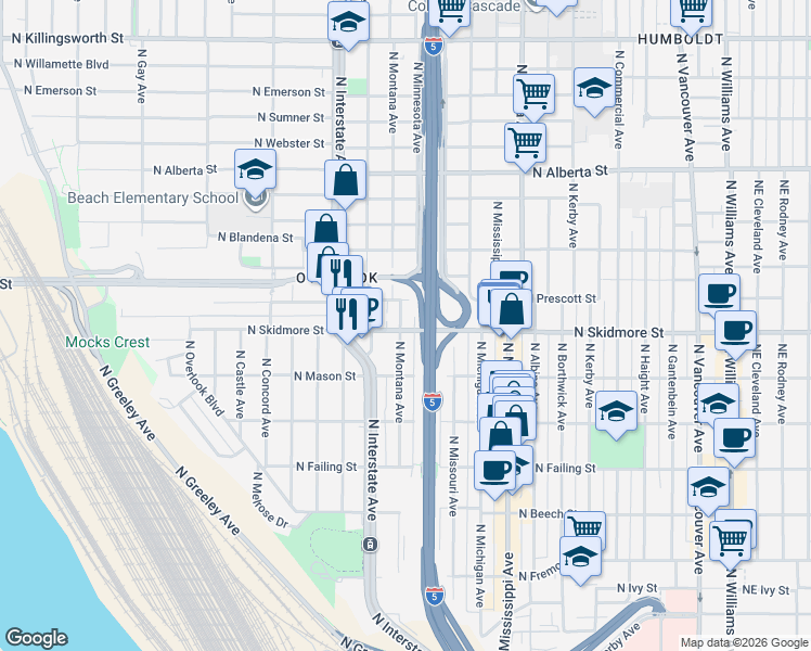 map of restaurants, bars, coffee shops, grocery stores, and more near 4300 North Montana Avenue in Portland