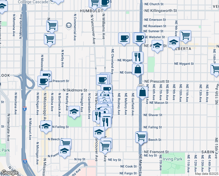 map of restaurants, bars, coffee shops, grocery stores, and more near 4326 Northeast Cleveland Avenue in Portland