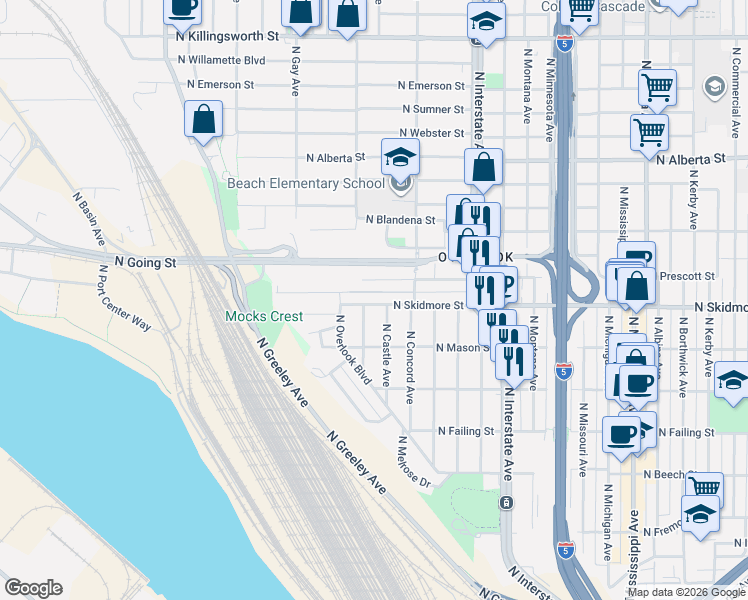 map of restaurants, bars, coffee shops, grocery stores, and more near 1811 North Skidmore Street in Portland