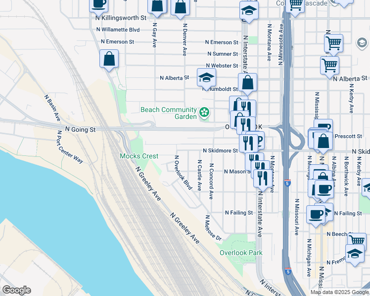 map of restaurants, bars, coffee shops, grocery stores, and more near 4322 North Overlook Boulevard in Portland