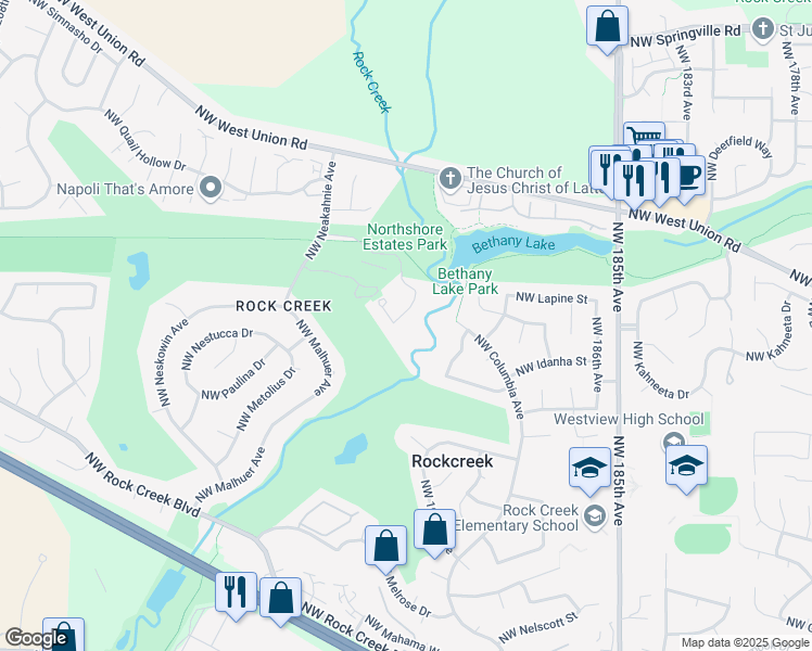 map of restaurants, bars, coffee shops, grocery stores, and more near 5180 Northwest Neakahnie Avenue in Portland