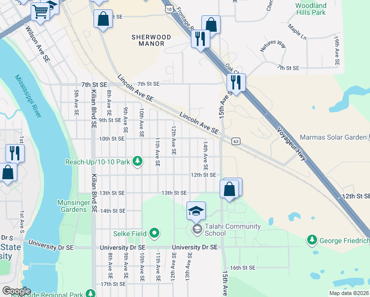 map of restaurants, bars, coffee shops, grocery stores, and more near 1006 12th Avenue Southeast in St. Cloud