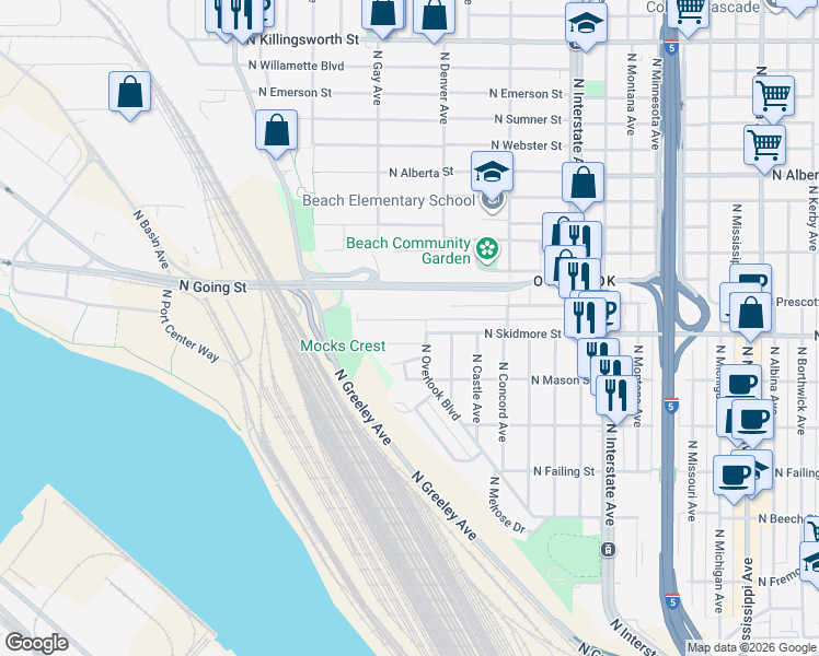 map of restaurants, bars, coffee shops, grocery stores, and more near 2030 North Skidmore Court in Portland