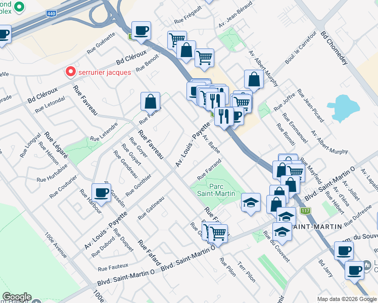 map of restaurants, bars, coffee shops, grocery stores, and more near 4154 Avenue Louis Payette in Laval