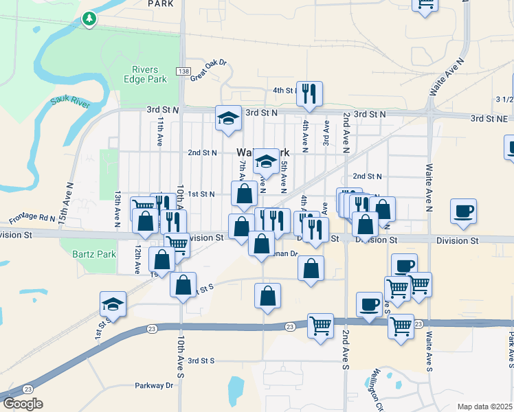 map of restaurants, bars, coffee shops, grocery stores, and more near 51 6th Avenue North in Waite Park
