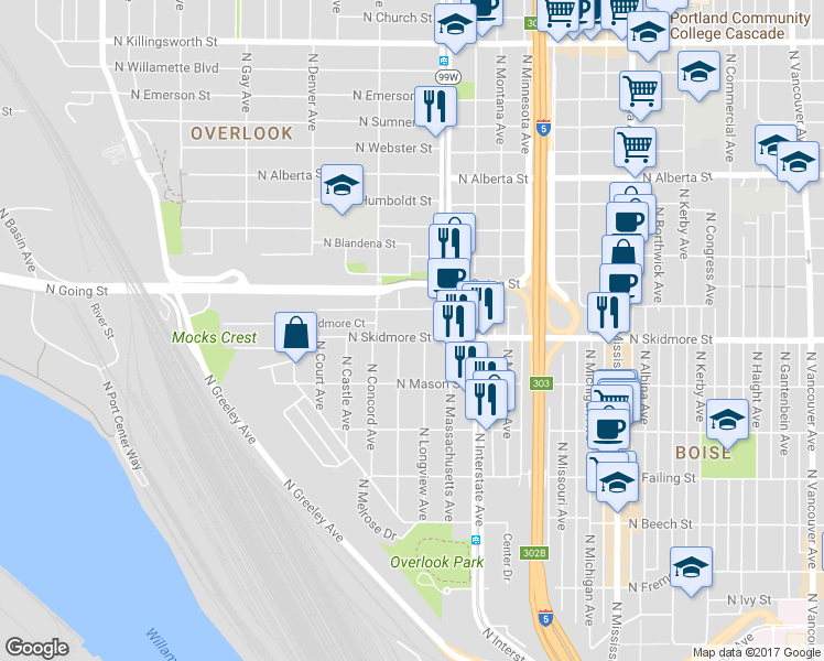 map of restaurants, bars, coffee shops, grocery stores, and more near 1571 North Skidmore Street in Portland