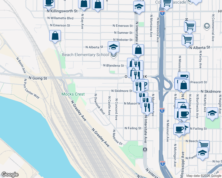 map of restaurants, bars, coffee shops, grocery stores, and more near 1731 North Skidmore Street in Portland