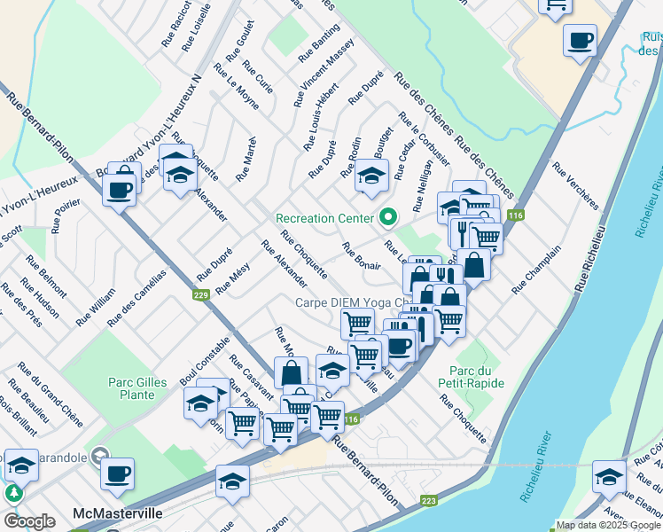 map of restaurants, bars, coffee shops, grocery stores, and more near 153 Rue Hertel in Beloeil