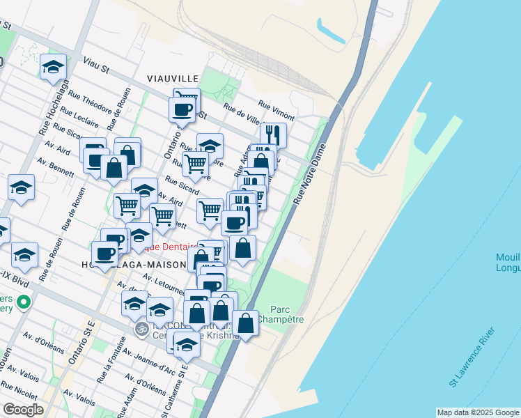 map of restaurants, bars, coffee shops, grocery stores, and more near 4730 Rue Sainte-Catherine Est in Montréal