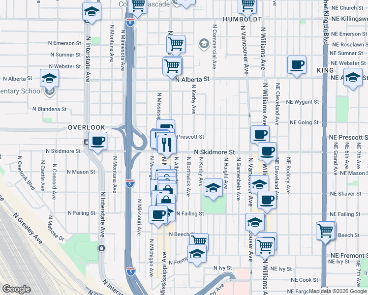 map of restaurants, bars, coffee shops, grocery stores, and more near 4317 North Borthwick Avenue in Portland