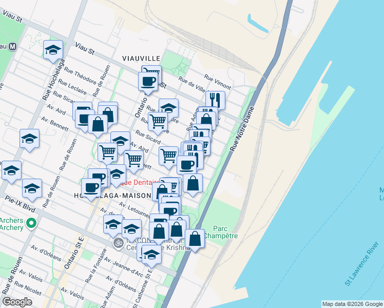 map of restaurants, bars, coffee shops, grocery stores, and more near 1437 Rue Sicard in Montréal