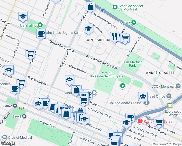 map of restaurants, bars, coffee shops, grocery stores, and more near 9207 Avenue Olivier Maurault in Montréal