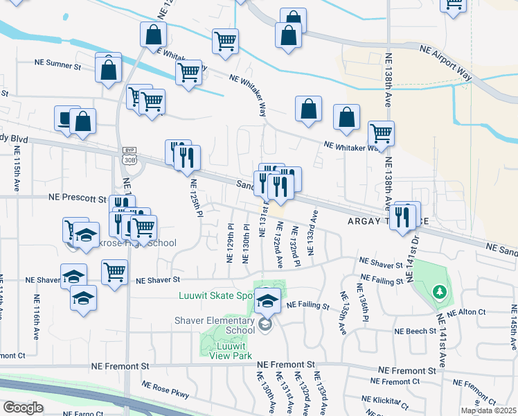 map of restaurants, bars, coffee shops, grocery stores, and more near 4419 Northeast 131st Place in Portland