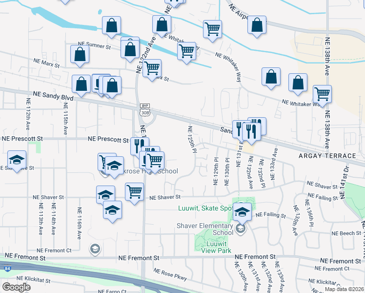 map of restaurants, bars, coffee shops, grocery stores, and more near 4545 Northeast 125th Place in Portland