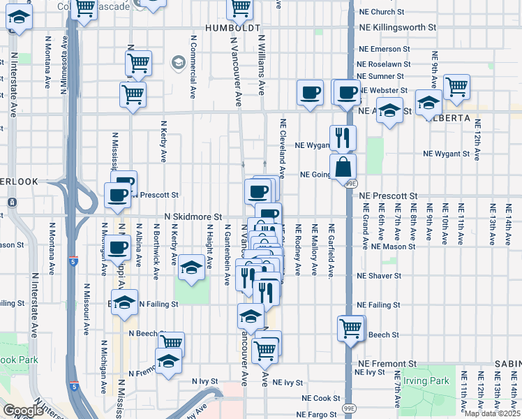 map of restaurants, bars, coffee shops, grocery stores, and more near 4357 North Williams Avenue in Portland
