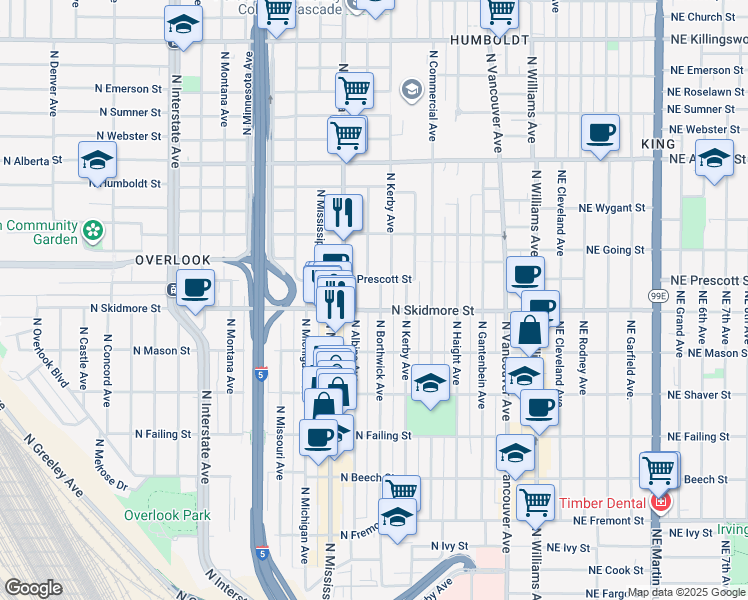 map of restaurants, bars, coffee shops, grocery stores, and more near 4322 North Borthwick Avenue in Portland