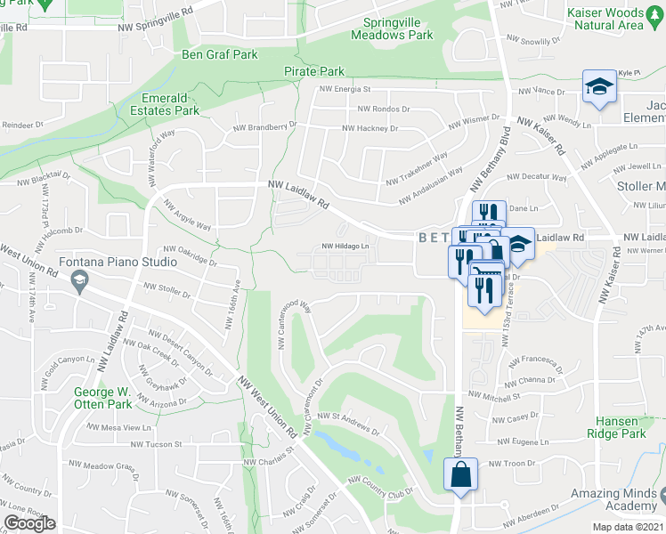map of restaurants, bars, coffee shops, grocery stores, and more near 4858 Northwest Olivares Terrace in Portland