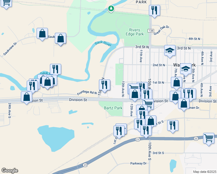 map of restaurants, bars, coffee shops, grocery stores, and more near 40 15th Avenue North in Waite Park