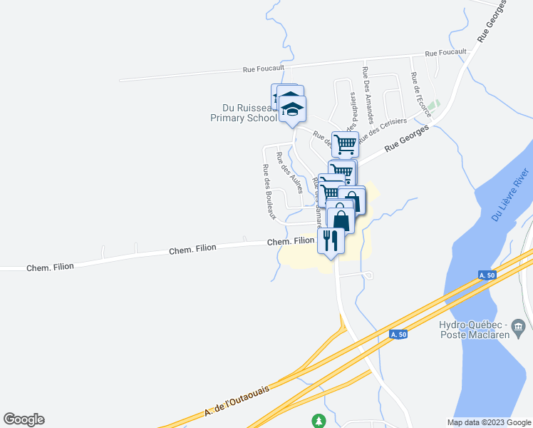 map of restaurants, bars, coffee shops, grocery stores, and more near 279 Rue des Bouleaux in Gatineau