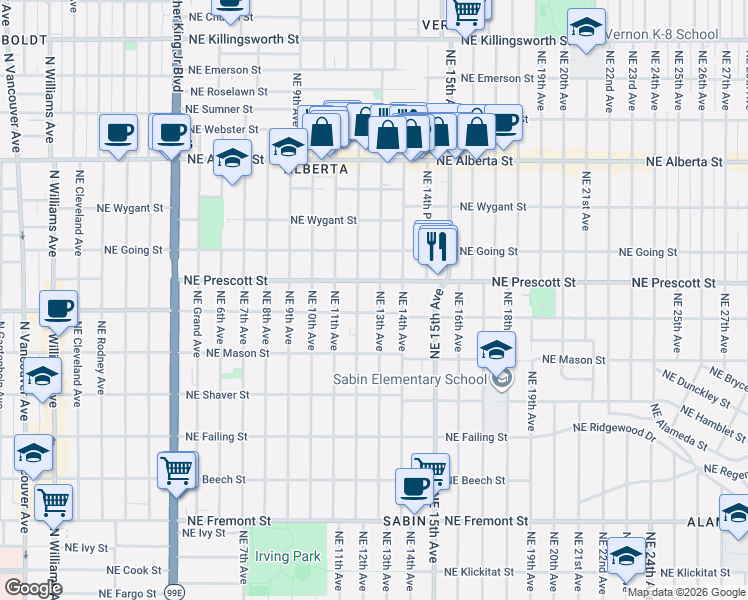 map of restaurants, bars, coffee shops, grocery stores, and more near 4323 Northeast 13th Avenue in Portland